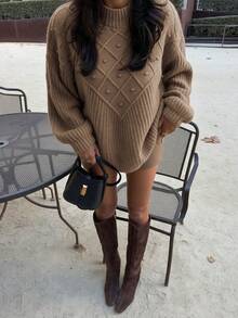 Women Mock Neck Sweater 3D Pom Pom Knit Pullover Loose Comfortable Casual Outfits For Fall Winter Daily Commuting Going Out Dating - Khaki - View 2