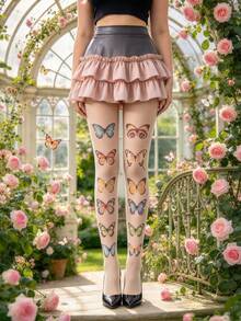 1 Pair Women's Butterfly Print Tights, Perfect For Parties And Daily Wear - Multicolor - View 1
