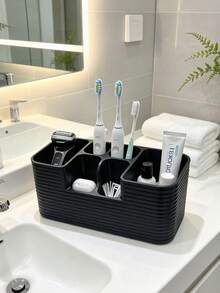 1pc Multi-Compartment Bathroom Countertop Toothbrush Holder - Large Capacity Multi-Slot Washbasin Storage Box, Suitable For Toothbrush, Toothpaste, Razor And Skincare Cosmetics, Striped Texture Bathroom Sink Storage Organizer Box, Multi-Compartment Bathroom Storage Box, Toothpaste Makeup Brush Storage Cup, Bathroom Vanity Sink Decorative Countertop Accessory - Multicolor - View 6