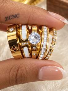 ZCNC Znice 304不鏽鋼+銅 18K鍍金可疊戴戒指組，女款，5件裝苜蓿草、全水鑽與琺瑯愛心閃亮戒指，低過敏極簡主義珠寶，完美母親節禮物，夏季度假配件 - 金色17 - 查看 2
