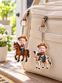 Custom Kids Photo Denim Farmer Keychain, Personalized Baby Portrait Acrylic Key Ring, Farm Horse Cow, Country Farm Souvenir, Gift For Mom, Grandma, Baby Shower - Mocha Brown - View 4
