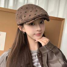 MESHUOKAI 1件復古波點印花鴨嘴貝雷帽女款，韓式畫家報童帽，大頭圍適合春秋日常配戴 - 彩色 - 查看 9