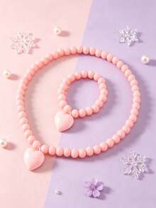 2pcs/Set Girls Cute Heart Pendant Necklace & Charm Beaded Bracelet Jewelry Set, Daily Party Gift - Multicolor - View 2
