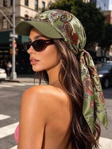 Women's Satin Paisley Print Pre-Tied Headscarf With Sun Visor, Fashionable Sun Hat Headscarf, Long Ribbon, Soft Silky Hair Accessory, Suitable For Daily Wear - Color - View 4