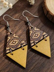 1 Pair Geometric Triangle Patchwork Wooden Ear Hooks, Vintage Totem Bohemian Wooden Slice Earrings - Brown - View 3