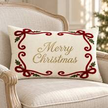 Christmas Leopard Pattern Ornament & Red Bow Embroidered Cushion Cover, Square Or Lumbar Decorative Pillow Cover For Sofa & Bedroom - Multicolor - View 2