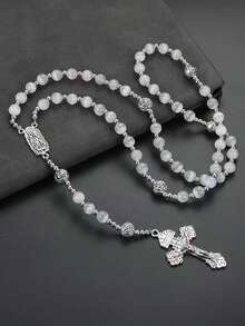 Catholic Rosary Necklace Made Of White Stone Beads With St. Benedict Medal And Cross, Suitable For Women And Men - Cat Eyes - View 1