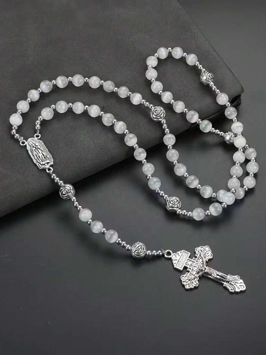Catholic Rosary Necklace Made Of White Stone Beads With St. Benedict Medal And Cross, Suitable For Women And Men - Cat Eyes - View 1