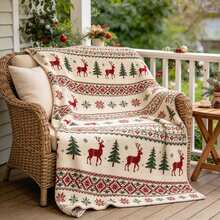1PC Vintage Nordic Christmas Blanket, Reindeer Pine Tree Knitted Throw Blanket, Holiday Decorative Cover For Sofa Couch - Multicolor - View 1