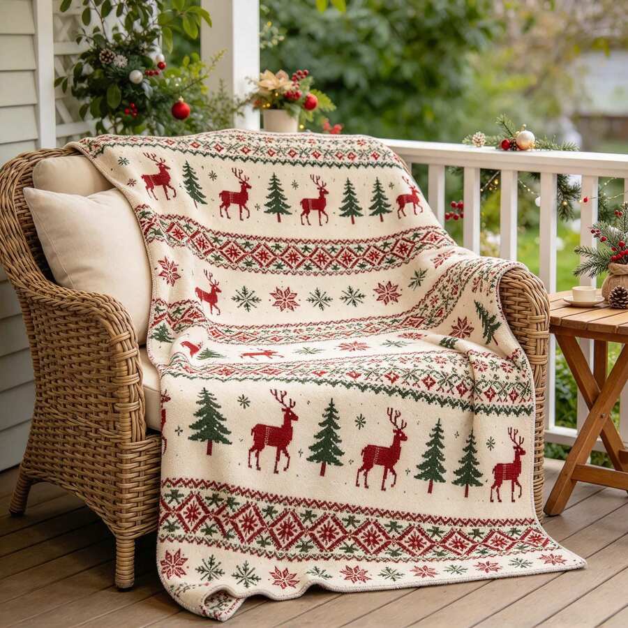 1PC Vintage Nordic Christmas Blanket, Reindeer Pine Tree Knitted Throw Blanket, Holiday Decorative Cover For Sofa Couch - Multicolor - View 1
