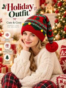 1PC Christmas Tree Knit Elf Hat For Women, Red Green Pom Pom Long Beanie, Warm Holiday Party Costume Hat - A - View 1