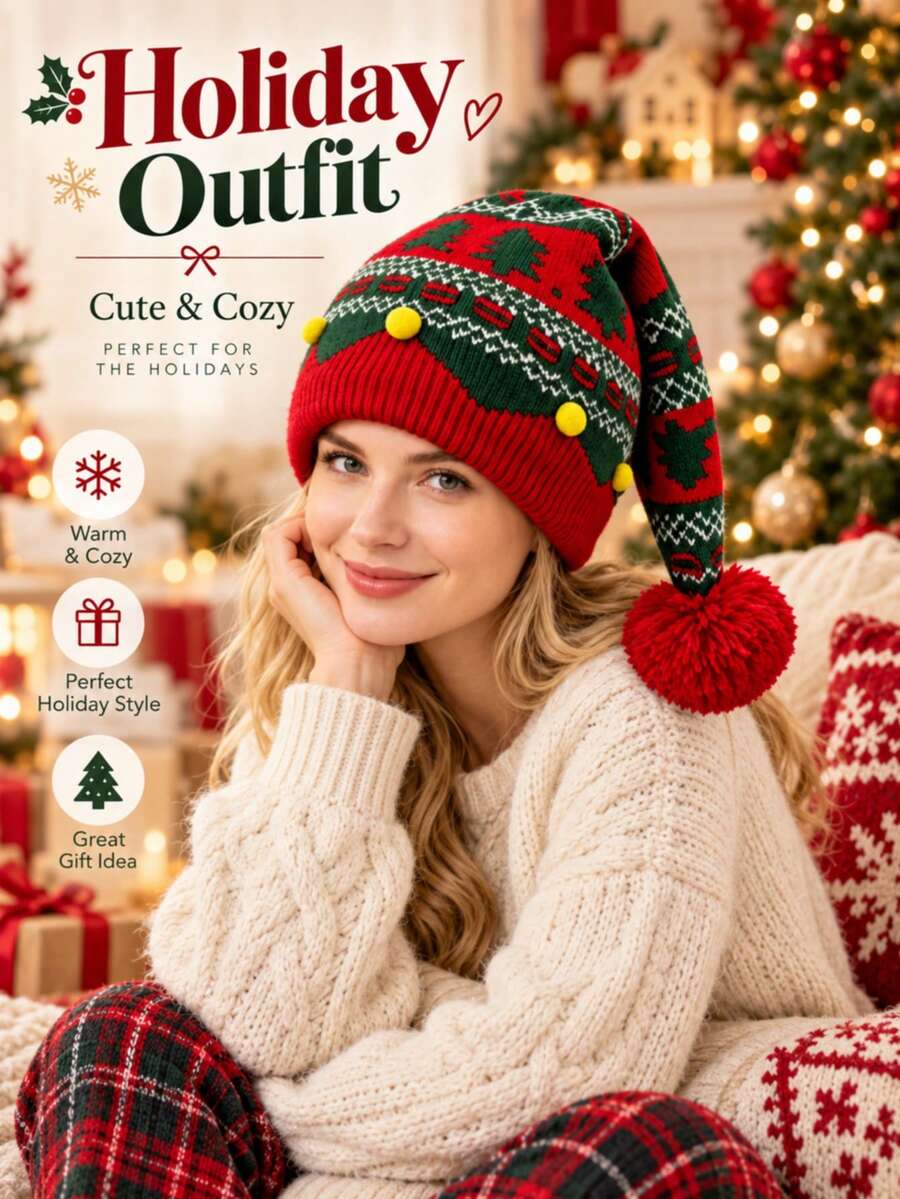 1PC Christmas Tree Knit Elf Hat For Women, Red Green Pom Pom Long Beanie, Warm Holiday Party Costume Hat - A - View 1