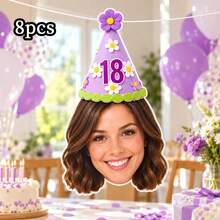 8/16/24pc Custom Face Photo & Text Birthday Banner, Personalized Portrait Cutout Bunting Garland With Number Party Hat, Milestone Birthday Party Decor,Photograph Backdrop - Multicolor - View 34