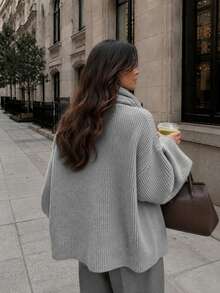 Women's Fashionable Premium Long Sleeve Dropped Shoulder Scarf Casual Daily Commute Cardigan, All Seasons - Grey - View 3