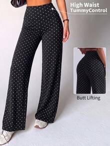 Women Polka Dot Wide Leg Yoga Pants, Fold Over High Waist Tummy Control Butt Lift, Soft Stretch Non-See-Through Workout Trousers For Gym Daily Wear - Black and White - View 2
