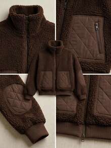 Women's Teddy Jacket, Oversized Fleece Zip Up Coat, Warm Winter Outerwear - Chocolate Brown - View 5