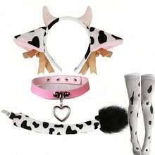 Juego de 2/4 piezas de accesorios de disfraz de vaca - Diadema de orejas de vaca de poliéster, cola, collar con campana y calcetines hasta la rodilla con estampado de vaca - Lavable - Adecuado para fiestas temáticas de animales, juegos de rol - Conjunto de vaca 2 - Ver 16