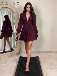 ALIAO Autumn/Winter Textured Ruched V-Neck Lantern Sleeve A-Line Short Dress, Elegant Commute Vacation Wedding Season Dress - Burgundy - View 5