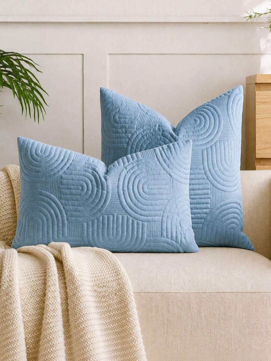 1/2 Pcs Plush Plush Decorative Throw Pillow Cover, Geometric Quilted Cushion Cover, Fluffy Soft Solid Color Rectangular Pillow Sham - Baby Blue - View 1