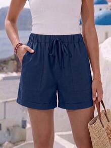 Plus Size Women's Solid Minimalist Casual Shorts With Pockets Summer - Navy Blue - View 2