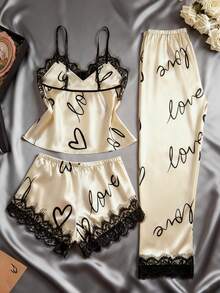 3-Piece Contrast Color Lace Letter Print Pajama Set, Spaghetti Strap Top + Elastic Waist Long Pants + Bow Decor Shorts, Comfortable Loungewear - Champagne - View 2