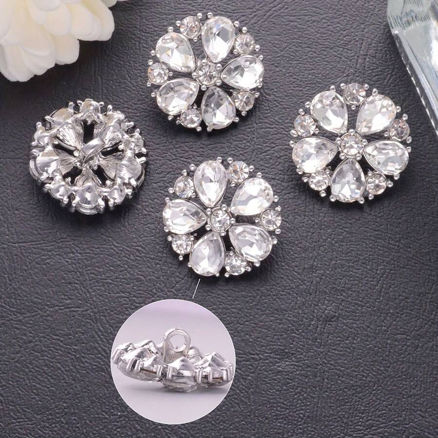 5pcs Sparkly Petal Crystal Sewing Buttons, Floral Rhinestone Inlaid Black Metal Hand Sew Buttons For Wedding Garment Embellishment