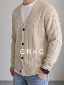 GRKC كارديجان رجالي بأكمام طويلة وياقة على شكل حرف V من الصوف المحبوك مع خطوط مضلعة عمودية، إغلاق بزر واحد، كنزة صوفية خارجية بأسلوب التنقل للخريف/الشتاء - بني - مشاهدة 4