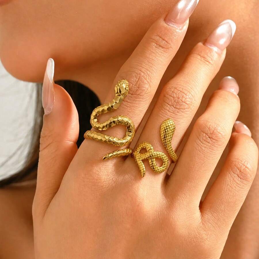 2pcs Fashionable Personalized Snake Wrap Open Rings, - Gold - View 1
