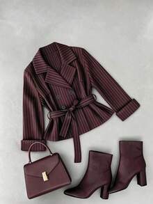 Fashionable Women's Long Sleeve Fine Striped Woven Fabric Blazer, Lapel Tie Waist, Button Detail - Burgundy - View 2