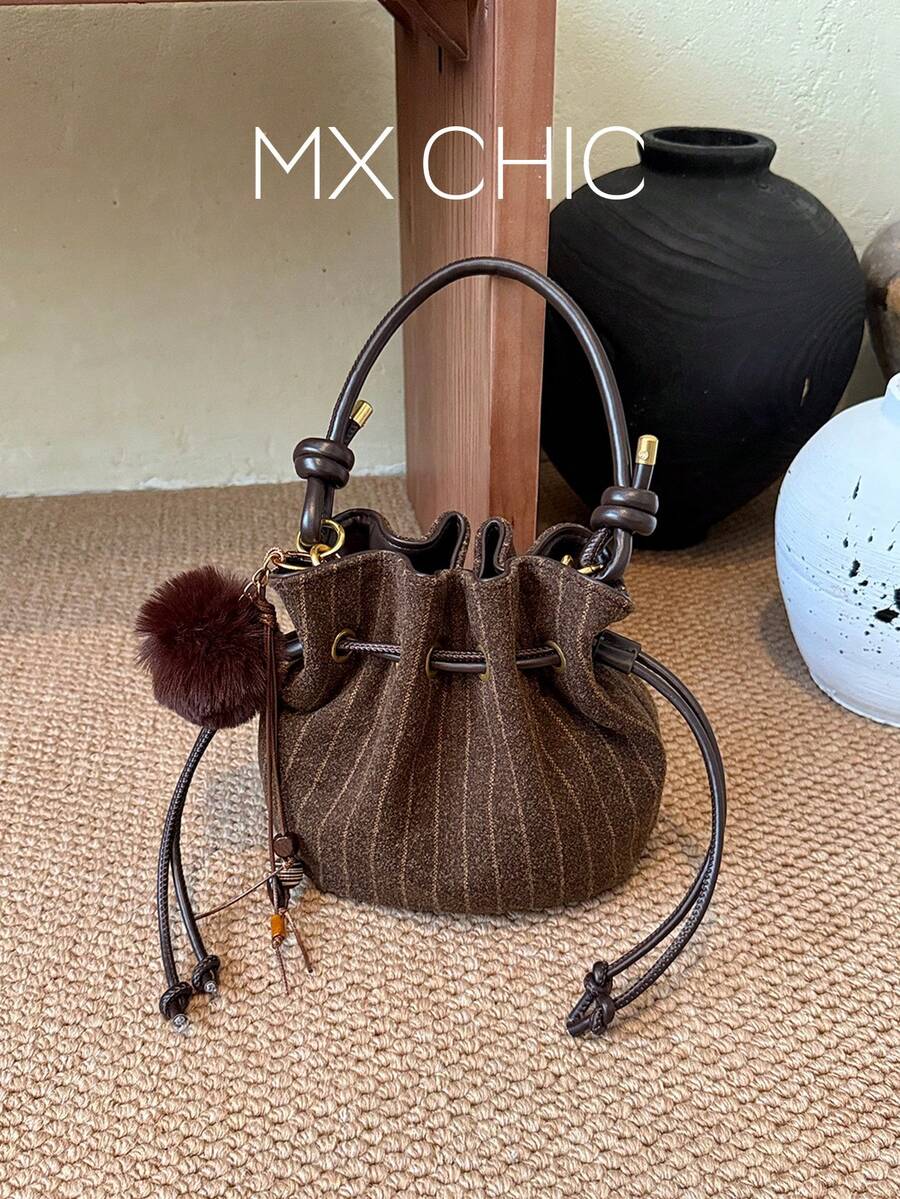 1件女款尼龍手提包,飾有珍珠串珠,時尚單肩斜挎抽繩水桶包 - 棕色 - 查看 1