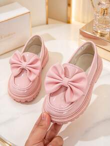 Girls' Shiny Patent Leather Thick Sole Loafers, Rhinestone Bow Slip-On Non-Slip Dress Shoes - Pink - View 1