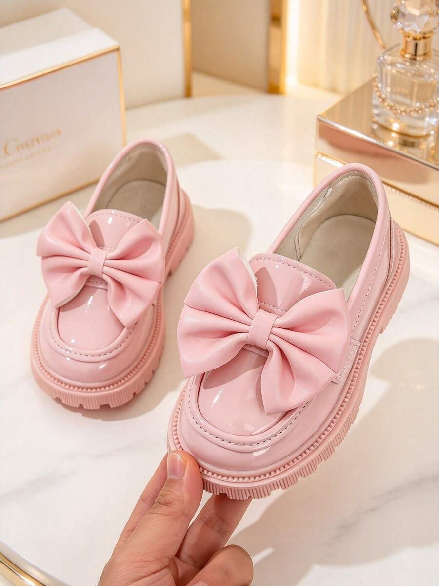 Girls' Shiny Patent Leather Thick Sole Loafers, Rhinestone Bow Slip-On Non-Slip Dress Shoes - Pink - View 1