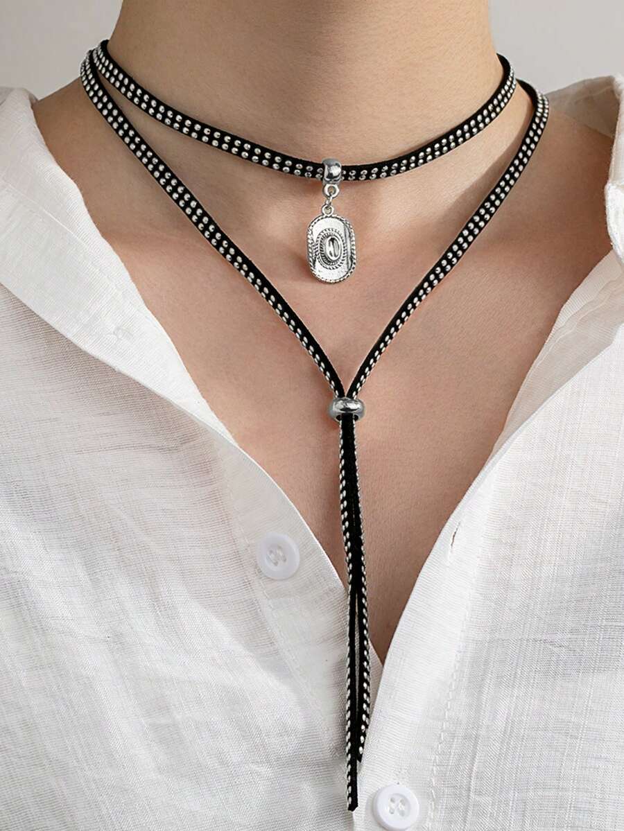 1件西式農場風合金牛仔帽吊墜雙層鉚釘皮革繩Y型項鍊，適合女性日常通勤、派對聚會、休閒度假，牛仔風四季皆宜，女性禮物