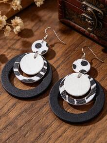 1 Pair Black & White Polka Dot Zebra Stripe Multi-Layer Round PU Leather Earrings, Vintage Color Block Patchwork Large Hoop Earrings Accessory - Round - View 3