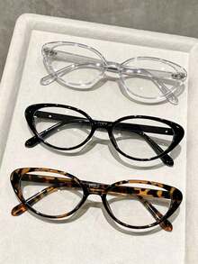 1 Pair/2 Pairs/3 Pairs/4 Pairs Women's Leopard Print Cat Eye PC Frame Solid Color Full Rim Personalized Rivet Fashion Non-Prescription Glasses - Transparent - View 7