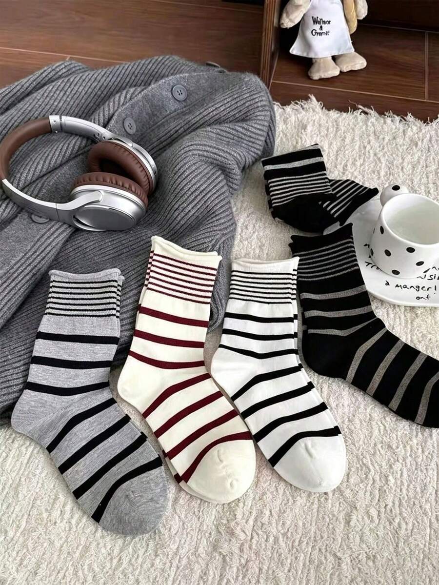1/4 Pair Korean Style Colorful Block Striped Multi-Purpose Mid-Calf Socks, Japanese Retro Contrast Color Rolled Cuff Academy Style Long Socks, Striped Rolled Cuff Mid-Calf Socks For Women - Multicolor - View 1