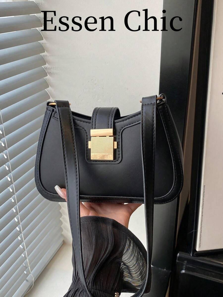 1pc Black Metal Hardware Decor Solid Color PU Baguette Shoulder Bag For Women