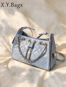 Tas X.Y. Wanita Biru PU Bucket Bag Motif Berlian dengan Tali Rantai dan Tali Serut untuk Perjalanan Sehari-hari dan Kencan - Baby Blue - View 11
