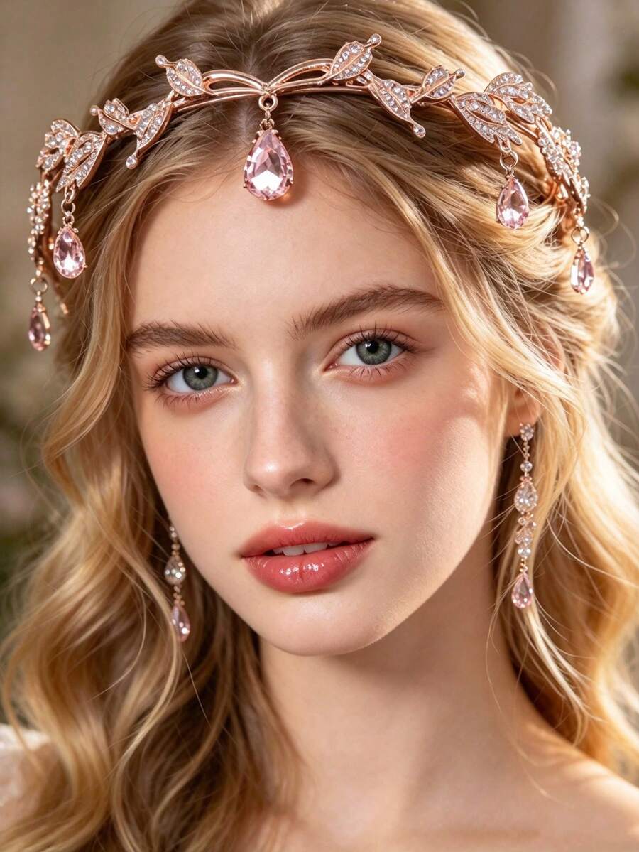1pc Crystal Leaf Crown, Crystal Crown, Rhinestone Crown, Bridal Wedding Tiara, Vintage Leaf Necklace, Rhinestone Headband, Bridal Hair Accessory - Pink - View 1