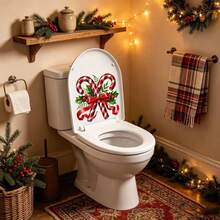 1pc Christmas Candy Cane And Holly Leaf Berry Red Bow Pattern PVC Material Home Wall Bathroom Toilet Decoration Sticker, Suitable For Christmas Holiday Atmosphere Decoration Of Walls, Cabinets, Refrigerators, Toilet Lids And Other Scenes - A - View 2