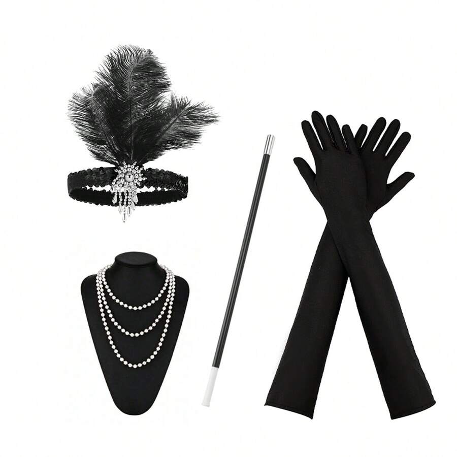 4pcs 1920s Women's Accessories Set: Includes Headpiece, Necklace, Costume Props And Gloves, Halloween - Black 3 - View 1