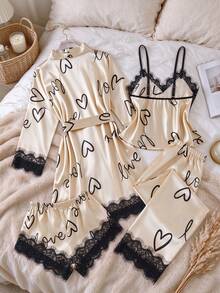 5pcs Contrast Color Lace Letter Print Pajama Set, Spaghetti Strap Top, Elastic Waist Pants, Bow Decor Shorts, Robe And Belt, Women's Comfortable Loungewear - Champagne - View 3