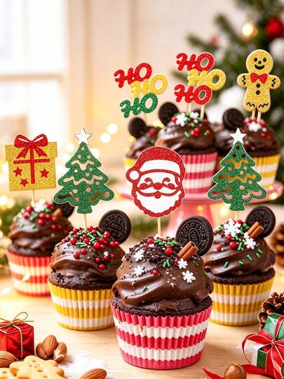 1/12/24pcs Christmas Cupcake Toppers, 6 Styles Cake Picks, Christmas Winter Holiday Dessert Table Cake Decor, Birthday Wedding Bride DIY Baking Cake Decoration Accessories, Christmas Family Gathering Cupcake Toppers