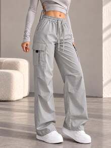 AODSR Women's Lightweight Cargo Pants, Parachute Pants, Elastic Waist With Drawstring Design, Side Flap Pockets, Casual Street Style Long Athletic Pants - Light Grey - View 1