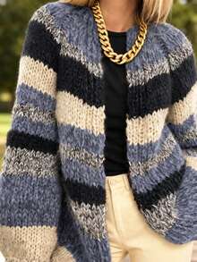 Women's Fashion Loose Casual Comfortable Retro Striped Contrast Color Cardigan - Multicolor - View 2