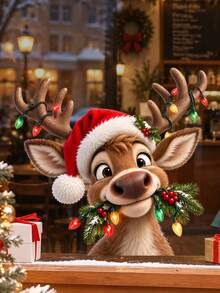 1 miếng decal tĩnh dán kính cửa sổ Giáng Sinh hình tuần lộc, hoạt hình dễ thương đội mũ Noel, nhãn dán kính tái sử dụng - phù hợp trang trí cửa sổ ngày lễ cho phòng khách, phòng ngủ tại nhà, decal tĩnh Giáng Sinh tuần lộc dễ thương với đèn màu và quả mọng đỏ, PVC, có thể tháo rời, nhãn dán trang trí kính cửa sổ - Nhiều màu - Xem 5