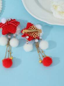 1pc Vintage Red Plaid Bow Hair Clip With Large Fur Ball, Pearl And Bell Pendant - Red - View 5