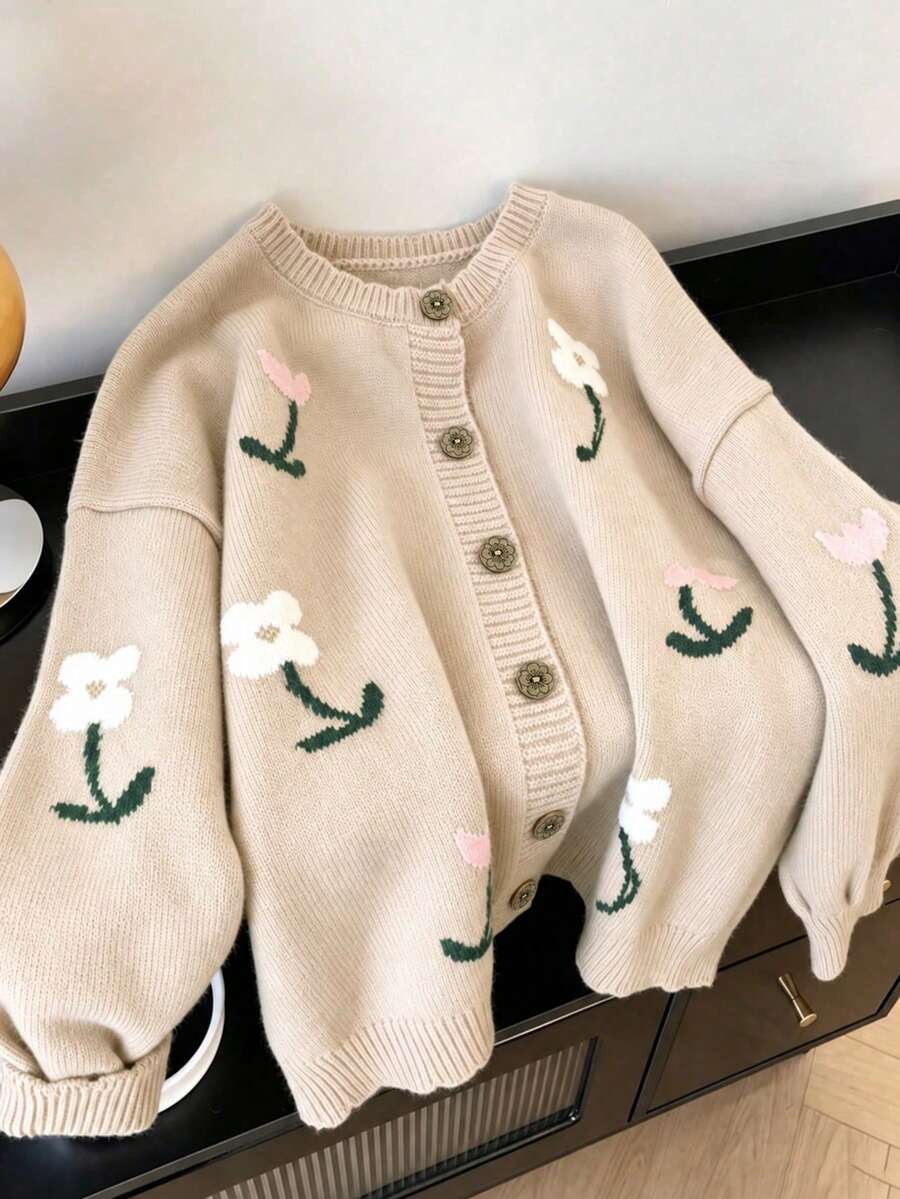 女款優雅花卉刺繡針織開襟衫,適合秋冬日常、戶外、休閒與居家穿著 - 杏色 - 查看 1