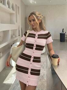 Women's Summer Casual Elegant Round Neck Short Sleeve Ruffle Trim Striped Patchwork Tank Knit Dress Pink - Pink - View 4