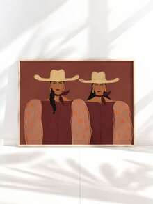 1pc Unframed Canvas Wall Art,Abstract Retro Two Cowgirls Portrait Poster,Burnt‑Red Background Western Ladies With Star‑Pattern Sleeves Canvas Painting,Boho Modern Southwest Art Print - Abstract Style a - View 1